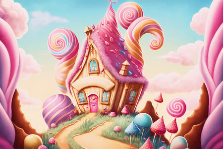 Sweet country house made of cookies and sweets and marshmallows with a path.AI generated.の素材