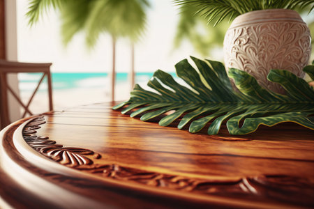 Wooden lacquered round table with a large tropical monstera leaf and a vase against a backdrop of a tropical beach and sea with palm leaves.AI generated.の素材