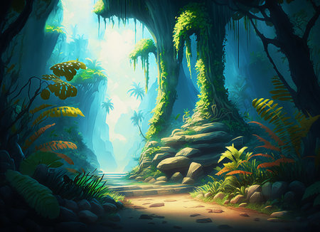 Foggy wet jungle in with a footpath and blue mysterious fog in cartoon style. AI generated.の素材