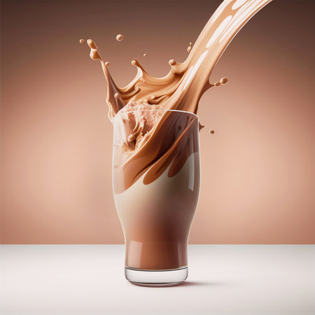 A hot cocoa or chocolate sweet drink is poured from above in a trickle into a tall glass beaker. AI generated.の素材