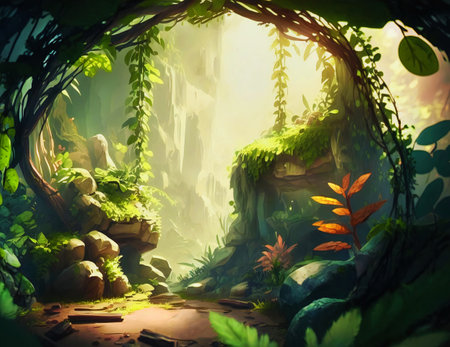 Green jungle with rocks against a sun glare in a watercolor style.AI generated.の素材