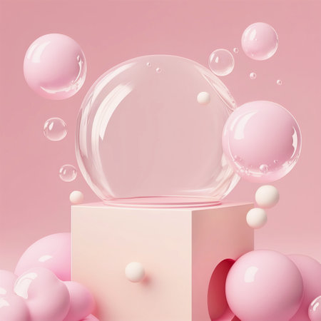 Rectangular podium stand with a glass ball on it and pink and clear gel balls around in pastel pink and beige colors. AI generated.の素材