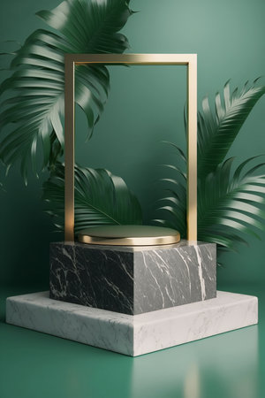 Marble or Granite podium with gold frame and pedestal against a background of tropical leaves.Ai generated.の素材