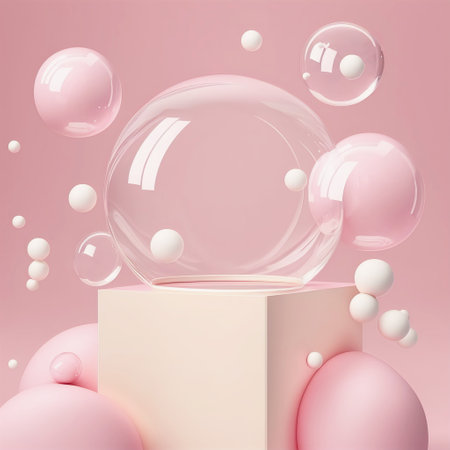Rectangular podium stand with soap ball on it and pink and clear balls all around in pastel pink and beige colors. AI generated.の素材