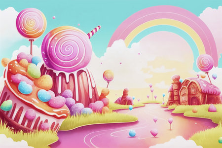 A landscape of sweet cupcakes with a river of gingerbread jelly houses and a rainbow in pastel colors.AI generated.の素材