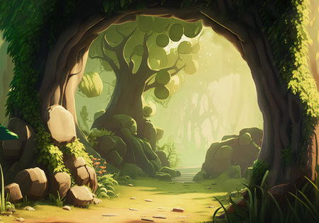 Green trees woven into an arch colorful bright cartoon landscape green forest with a path in the sun.AI generated.の素材