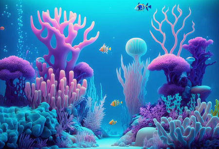 Bright underwater landscape in cartoon style with pink corals and striped fish. AI generated.の素材