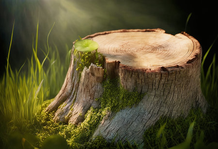 Realistic stump with moss and green grass around in the sun. AI generated.の素材