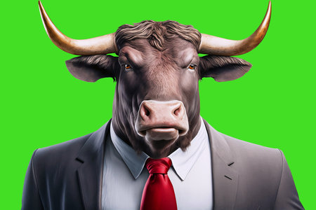 A bull in a business suit isolated background. The concept of bulls traders in securities earning on the growth in the value of assets.AI generated.の素材