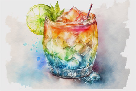 Watercolor rainbow cocktail with a slice of lime on a background of watercolor stains and leaves.AI generated.の素材