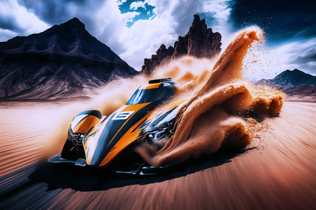 Sports car on a turn with splashes of sand against the background of the mountains. AI generated.の素材