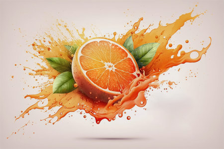 Watercolor cut orange on juice splash and spatter background.AI generated.の素材