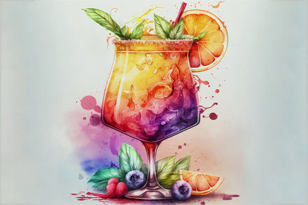 Bright watercolor colorful cocktail with a slice of orange on the background of watercolor stains, berries and leaves.AI generated.の素材