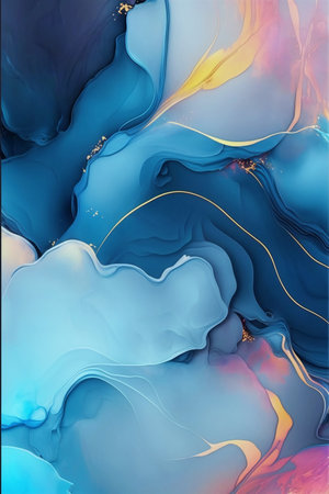 Waves of alcohol ink with golden stripes abstract backdrop.AI generated.の素材