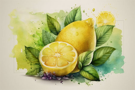 Watercolor lemon on a background of leaves and watercolor stains with a minimalistic frame.AI generated.の素材