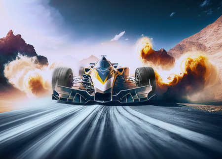 Sports racing car on the track with smoke and flames escaping from under the wheels. AI generated.の素材