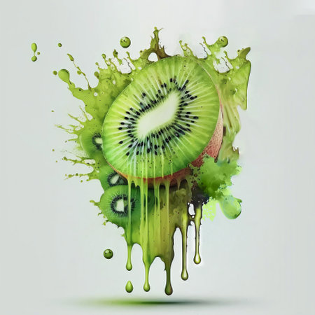 Watercolor kiwi with drops and splashes of juice.AI generated.の素材