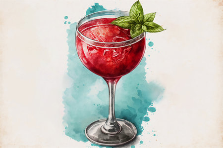 Watercolor red cocktail cosmopolitan decorated with mint on a background of watercolor stains.AI generated.の素材