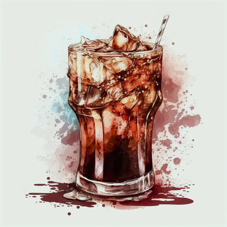 Watercolor black cocktail Cuba Libre with ice cubes and bubbles on the background of watercolor stains.AI generated.の素材