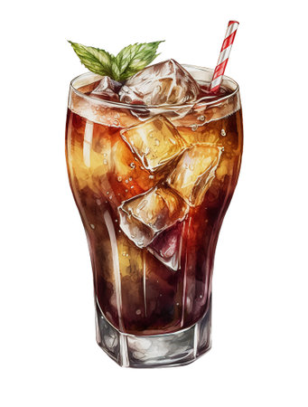watercolor dark cocktail black russian or cuba libre with ice cubes, bubbles and mint leaf isolated on a white background. AI generated.の素材