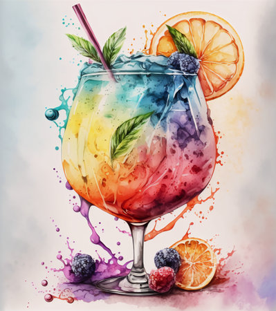 Watercolor colorful cocktail with blackberry, raspberry, mint leaves and orange on a background of watercolor streaks and splashes of paint. AI generated.の素材