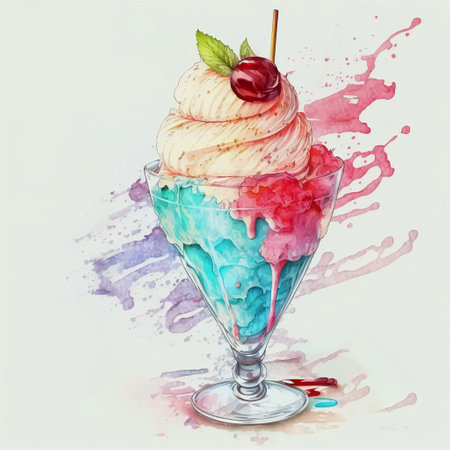 Watercolor ice cream cocktail with cherry and mint leaves on the background of watercolor stains.AI generated.の素材