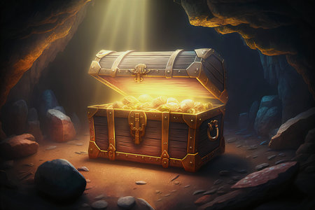 Wooden pirate chest with treasure and gold in a dark rocky grotto illuminated by a beam of sun.AI generated.の素材