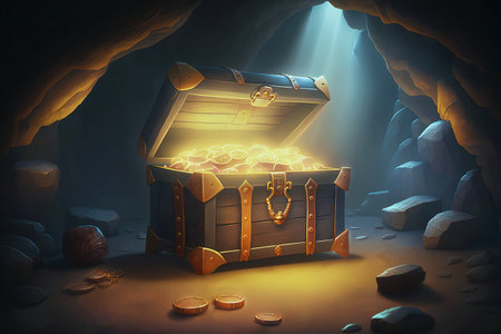 Pirate treasure in a wooden chest in a dark cave, cartoon style. AI generated.の素材