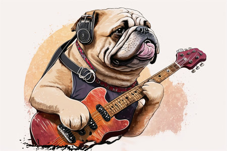 English bulldog rock and roll guitarist watercolor illustration.AI generated.の素材