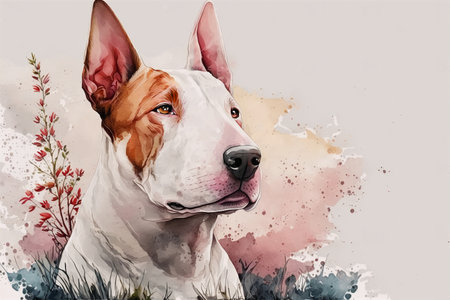Realistic watercolor english pit bull terrier with watercolor stains background.AI generated.の素材
