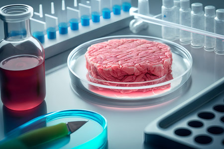 Synthetic meat in a petri dish on the background of the laboratory.Artificial meat or protein concept.AI generated.の素材
