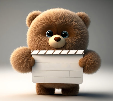 A brown cute teddy bear holds a white board or clapperboard in its paws on a light background.AI generated.の素材