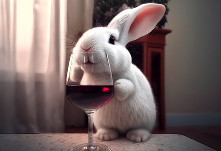White cute rabbit and a glass of red wine.AI generated.の素材