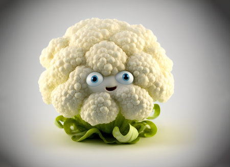 Cute smiling cauliflower character with blue eyes.AI generated.の素材