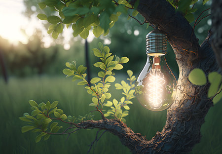 The concept of green energy or alternative energy. A tree with electric light bulbs growing on it. AI generated.の素材