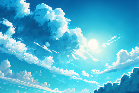 Blue sky and white clouds in anime style.Background of sky and cumulus clouds with bright sun.AI generated.の素材