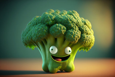 Funny 3d broccoli character with smiley face and copyspace. AI generated.の素材