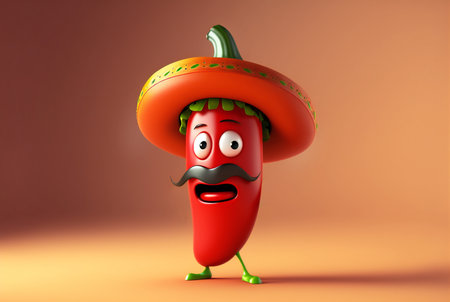 Cartoon character of chili pepper in a sombrero with a mustache. Generated by ai.の素材