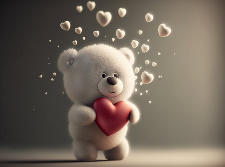 A cute plush white bear with a red heart in its paws and white hearts in the air. AI generated.の素材