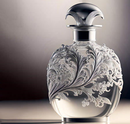 Transparent perfume bottle with floral pattern on dark background with copyspace. Perfume bottle design mockup. AI generated.の素材