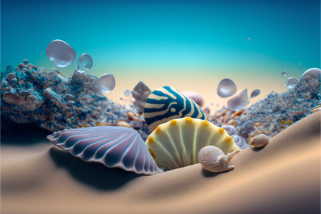 Seashells appear on the sand against blue water. AI generated.の素材