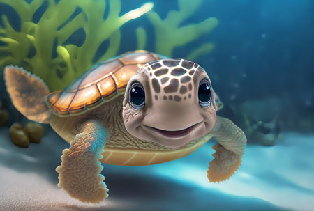 Smiling cartoon baby turtle with big eyes close-up on a background of algae and sand.Stylized cute sea turtle.AI generated.の素材
