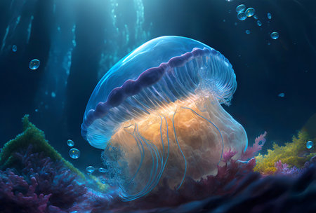 Transparent realistic medusa close-up on a sea background with blue transparent water,algae and copyspace.AI generated.の素材