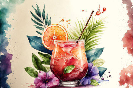 Cold fruit drink with ice mint and cocktail tubes decorated with flowers and foliage.Colorful illustration in a watercolor style on a light background.AI generated.の素材