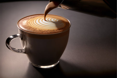 Coffee in a glass goblet with beautiful froth and pouring cream close-up with copyspace.AI generated.の素材