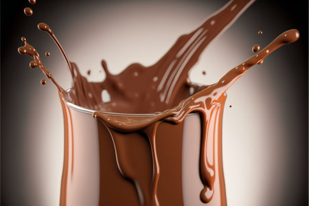 Realistic liquid chocolate or cocoa with splashes and drops is poured into a glass goblet from above close-up.AI generated.の素材