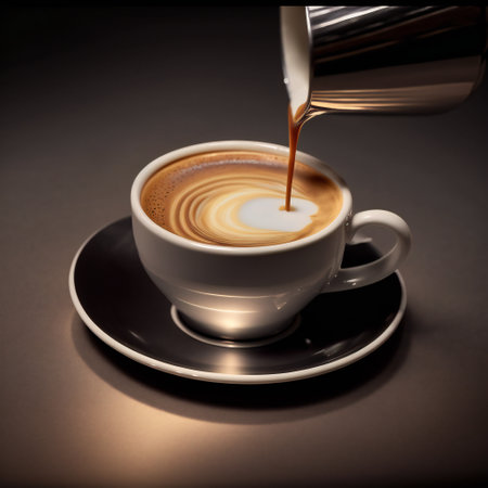 Coffee in a glass goblet with beautiful froth and pouring cream close-up with copyspace.AI generated.の素材