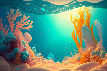 Colorful sea background with blue clear water orange and pink corals in cartoon style.AI generated.の素材