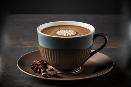 Coffee in a glass goblet on a saucer with latte art and cinnamon close-up with copyspace.AI generated.の素材