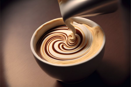 Coffee in a glass goblet with beautiful froth and pouring cream close-up with copyspace.AI generated.の素材